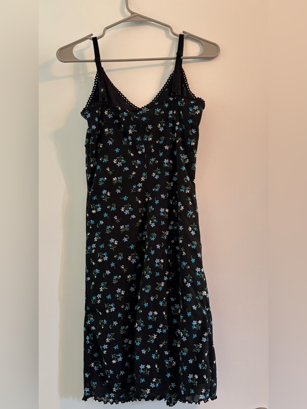 Black Floral Mini Slip Dress with Blue Flower Print